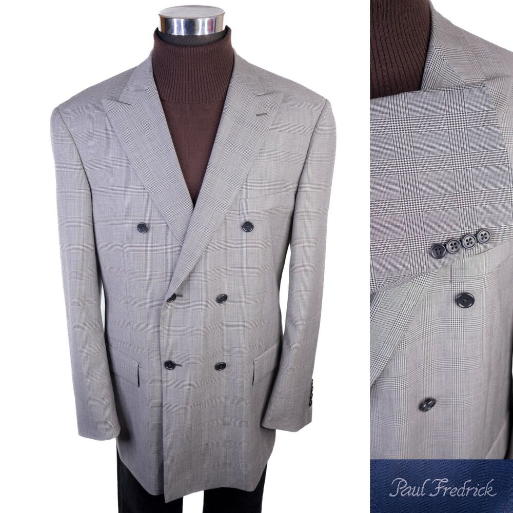 Paul Fredrick Blazer 46R Black/White Sport Coat Double Breasted 100% Wool Jacket